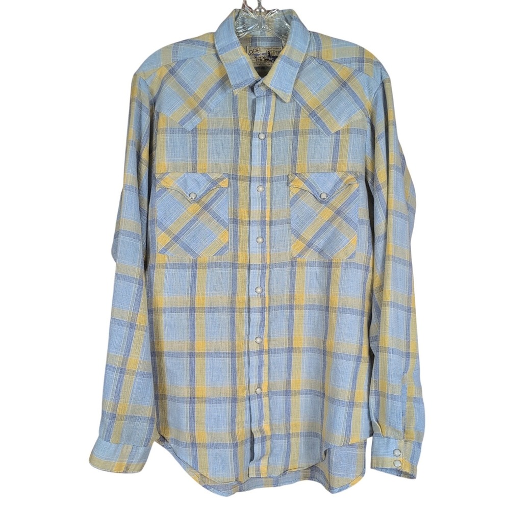 Gap Fashion Pioneers Pearl Snap Western Shirt Large Blue Yellow Vintage 70s USA